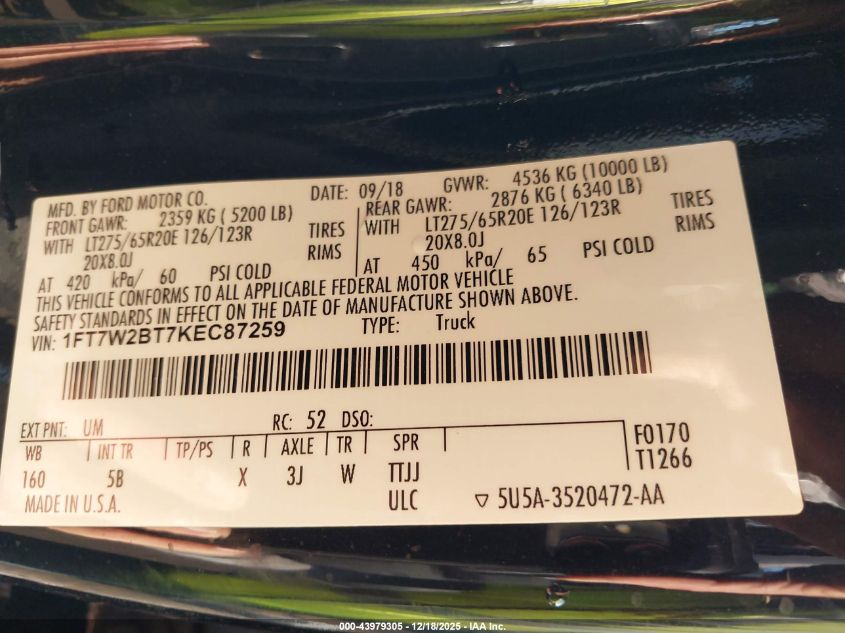 2019 Ford F-250 Lariat VIN: 1FT7W2BT7KEC87259 Lot: 43979305