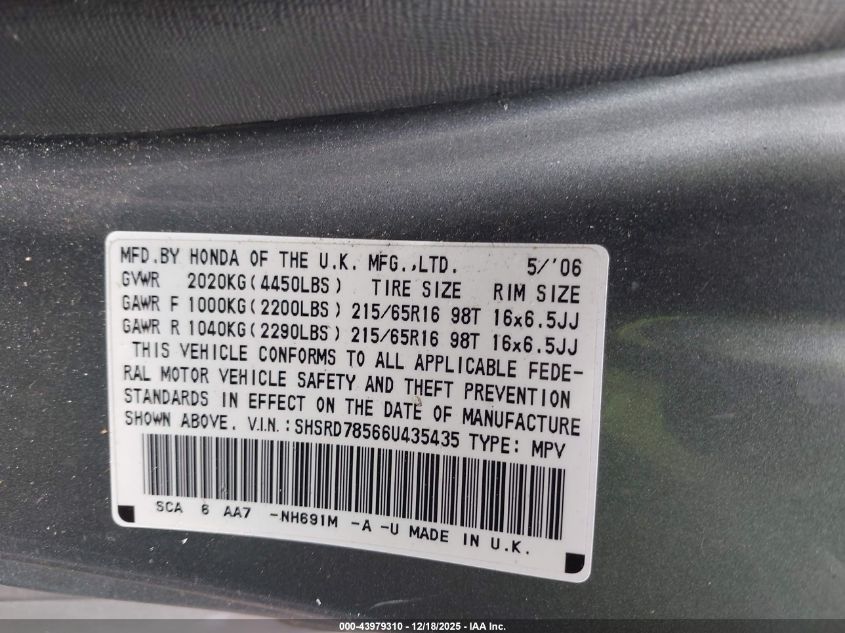 2006 Honda Cr-V Lx VIN: SHSRD78566U435435 Lot: 43979310
