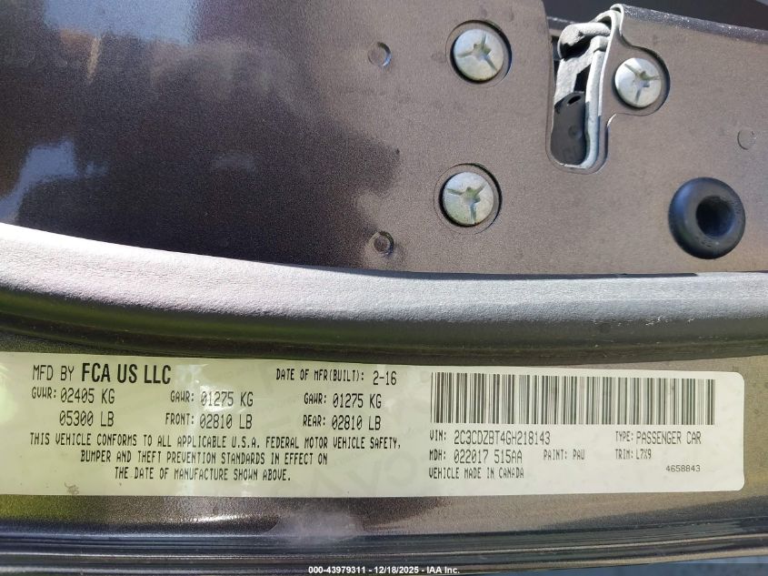 2016 Dodge Challenger R/T VIN: 2C3CDZBT4GH218143 Lot: 43979311