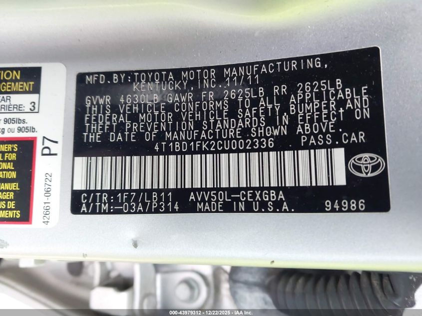 2012 Toyota Camry Hybrid Xle VIN: 4T1BD1FK2CU002336 Lot: 43979312