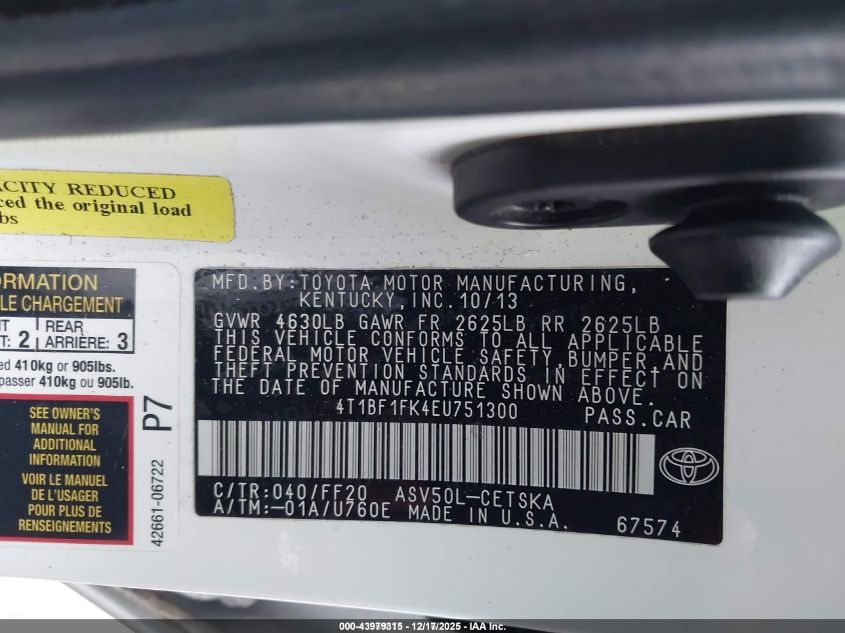 2014 Toyota Camry Se VIN: 4T1BF1FK4EU751300 Lot: 43979315