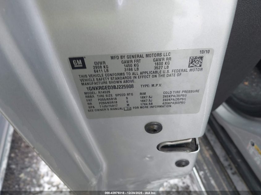 2011 Chevrolet Traverse 1Lt VIN: 1GNKRGED3BJ225908 Lot: 43979318