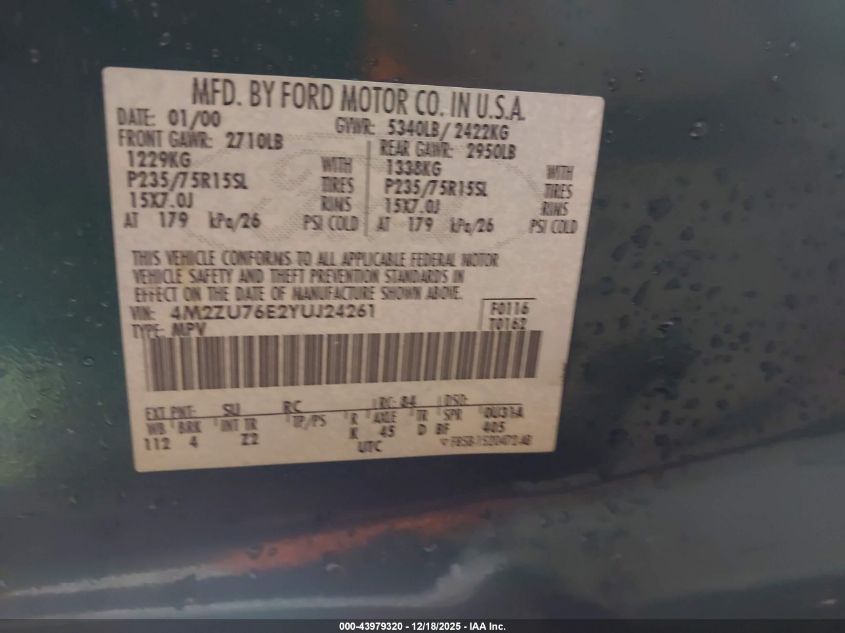 2000 Mercury Mountaineer VIN: 4M2ZU76E2YUJ24261 Lot: 43979320