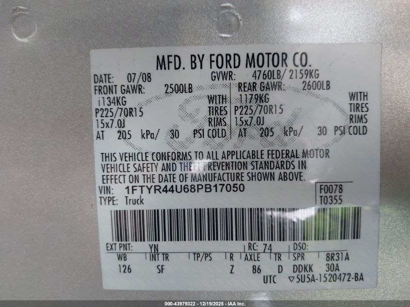 2008 Ford Ranger Sport/Xlt VIN: 1FTYR44U68PB17050 Lot: 43979322