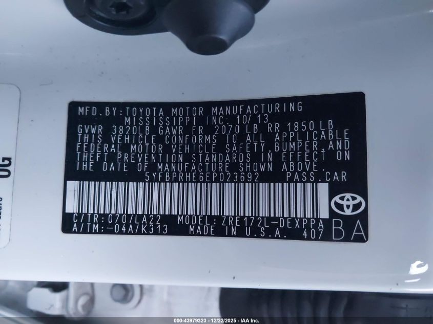 2014 Toyota Corolla Le Eco Premium VIN: 5YFBPRHE6EP023692 Lot: 43979323