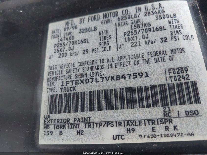 1997 Ford F-150 Lariat/Xl/Xlt VIN: 1FTEX07L7VKB47591 Lot: 43979331