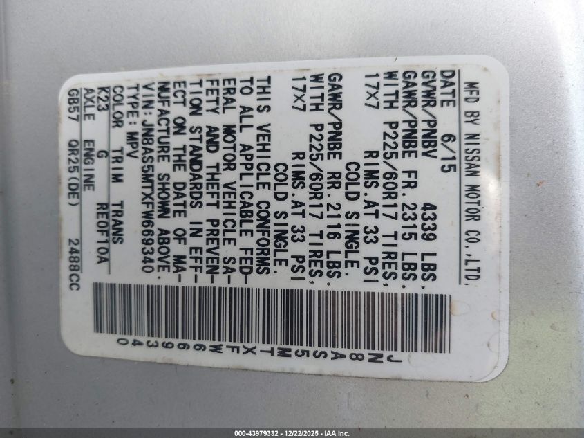 2015 Nissan Rogue Select S VIN: JN8AS5MTXFW669340 Lot: 43979332