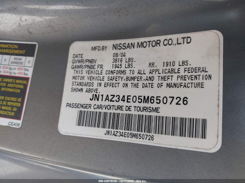 2005 Nissan 350Z Enthusiast VIN: JN1AZ34E05M650726 Lot: 43979336