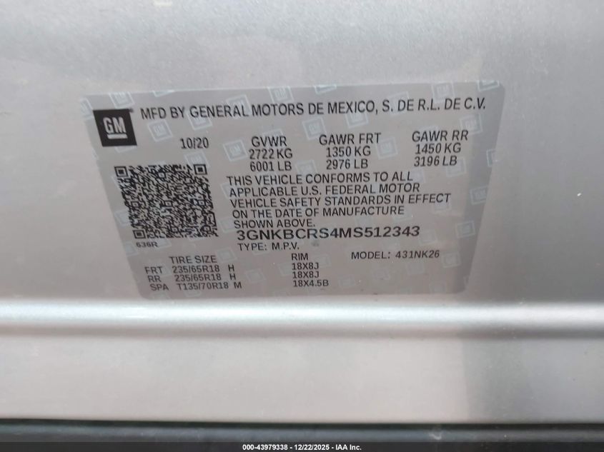 2021 Chevrolet Blazer Fwd 2Lt VIN: 3GNKBCRS4MS512343 Lot: 43979338