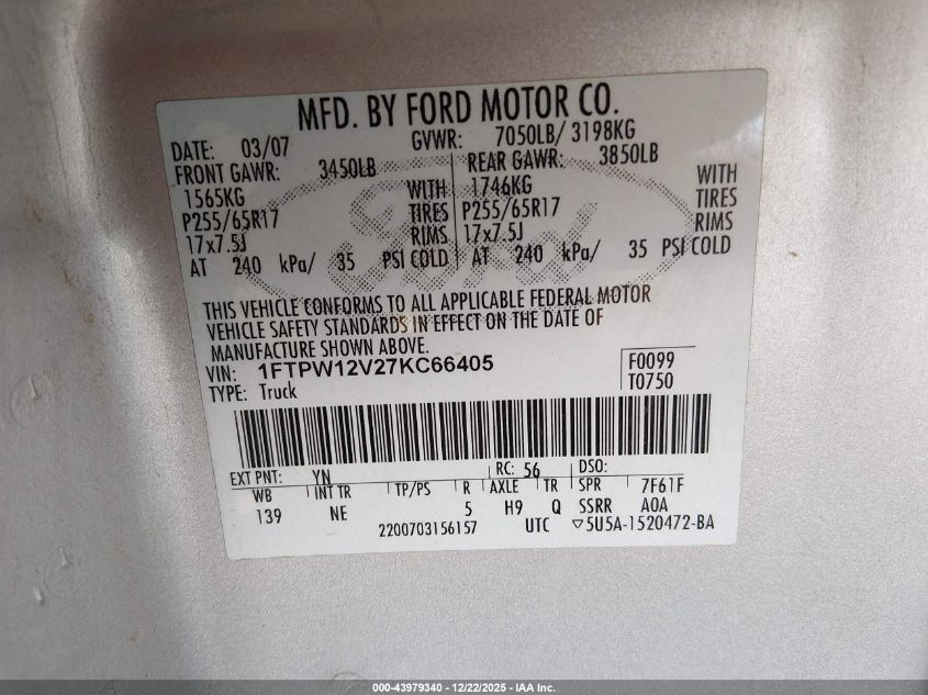 2007 Ford F-150 Lariat/Xlt VIN: 1FTPW12V27KC66405 Lot: 43979340