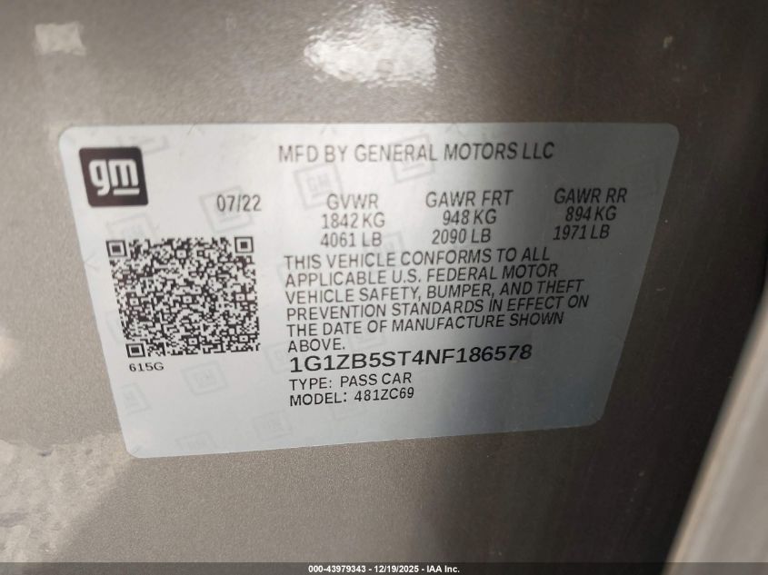 2022 Chevrolet Malibu Fwd Ls VIN: 1G1ZB5ST4NF186578 Lot: 43979343