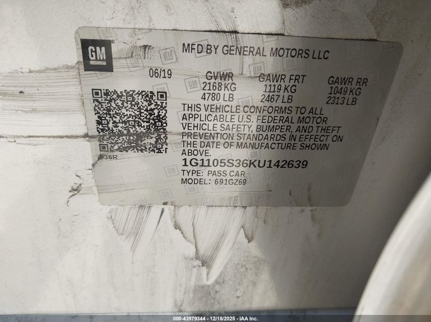 2019 Chevrolet Impala Premier VIN: 1G1105S36KU142639 Lot: 43979344