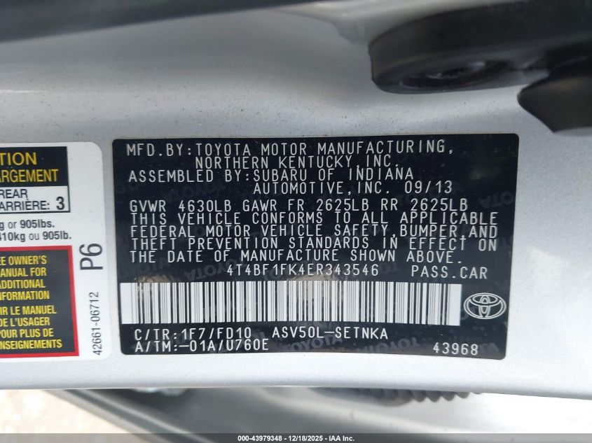 2014 Toyota Camry Le VIN: 4T4BF1FK4ER343546 Lot: 43979348