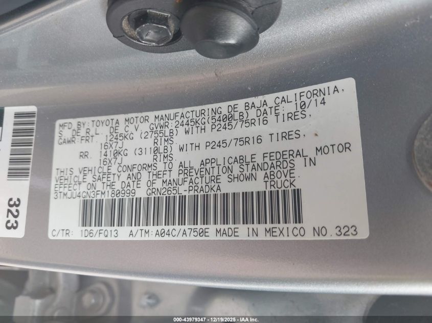 2015 Toyota Tacoma Prerunner V6 VIN: 3TMJU4GN3FM180999 Lot: 43979347
