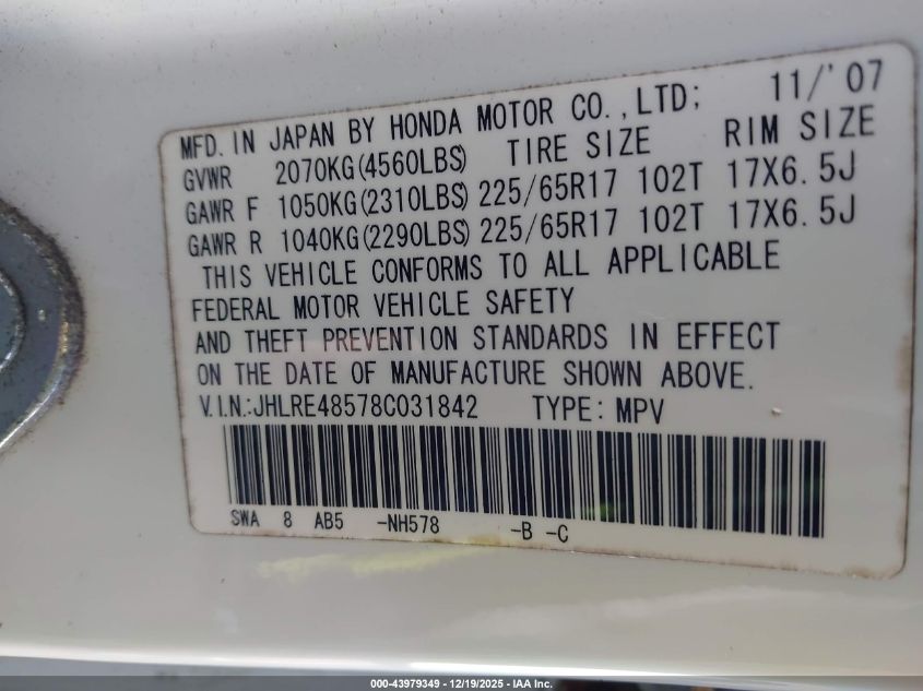 2008 Honda Cr-V Ex VIN: JHLRE48578C031842 Lot: 43979349