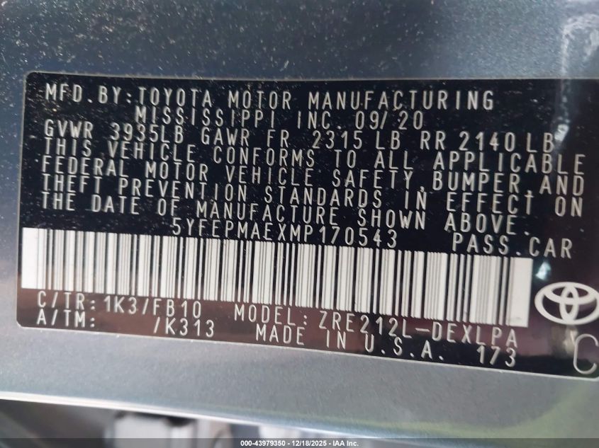 2021 Toyota Corolla Le VIN: 5YFEPMAEXMP170543 Lot: 43979350