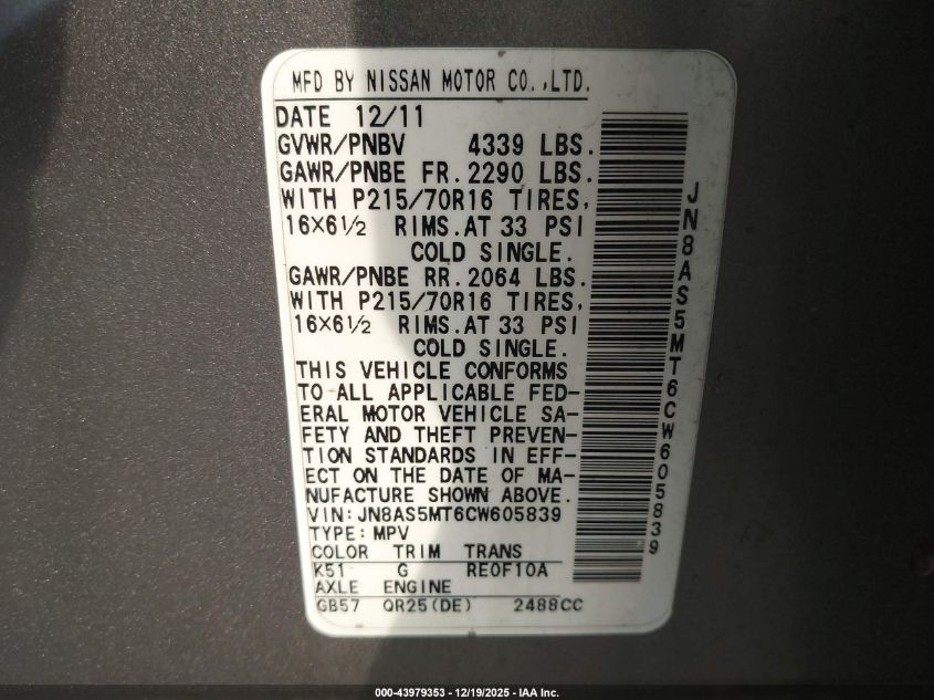 2012 Nissan Rogue S VIN: JN8AS5MT6CW605839 Lot: 43979353