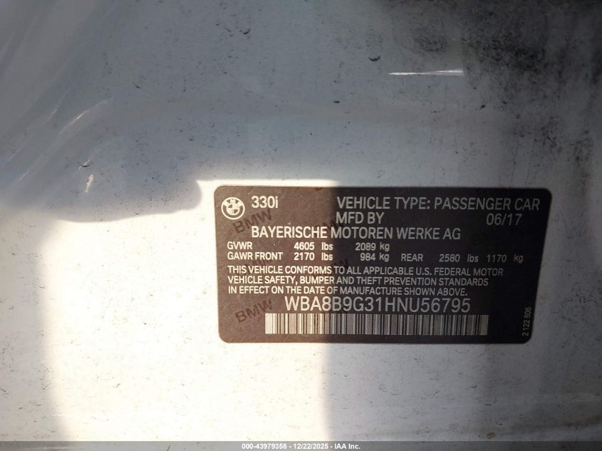 2017 BMW 330I VIN: WBA8B9G31HNU56795 Lot: 43979356