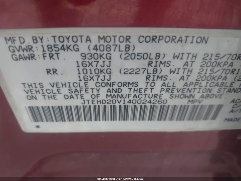 2004 Toyota Rav4 VIN: JTEHD20V140024260 Lot: 43979358