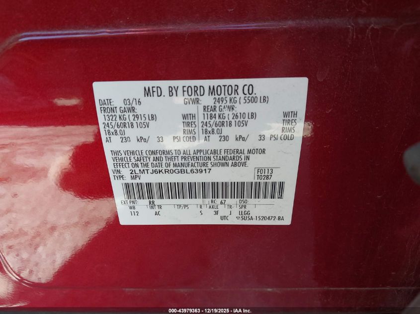 2016 Lincoln Mkx Select VIN: 2LMTJ6KR0GBL63917 Lot: 43979363