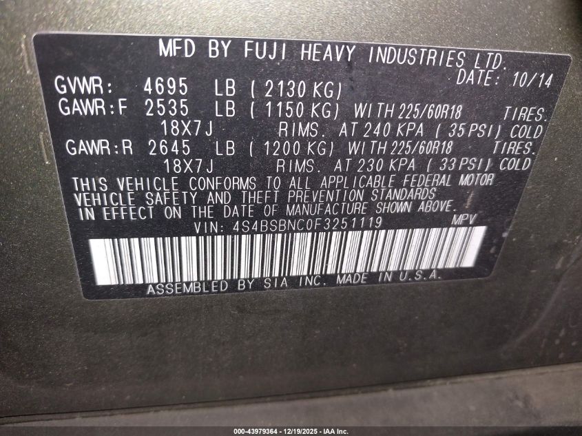 2015 Subaru Outback 2.5I Limited VIN: 4S4BSBNC0F3251119 Lot: 43979364