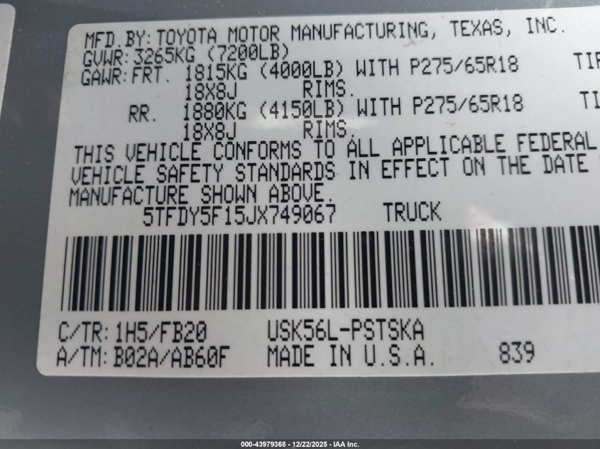 2018 Toyota Tundra Sr5 5.7L V8 VIN: 5TFDY5F15JX749067 Lot: 43979368