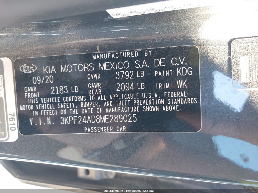 2021 Kia Forte Lxs VIN: 3KPF24AD8ME289025 Lot: 43979382