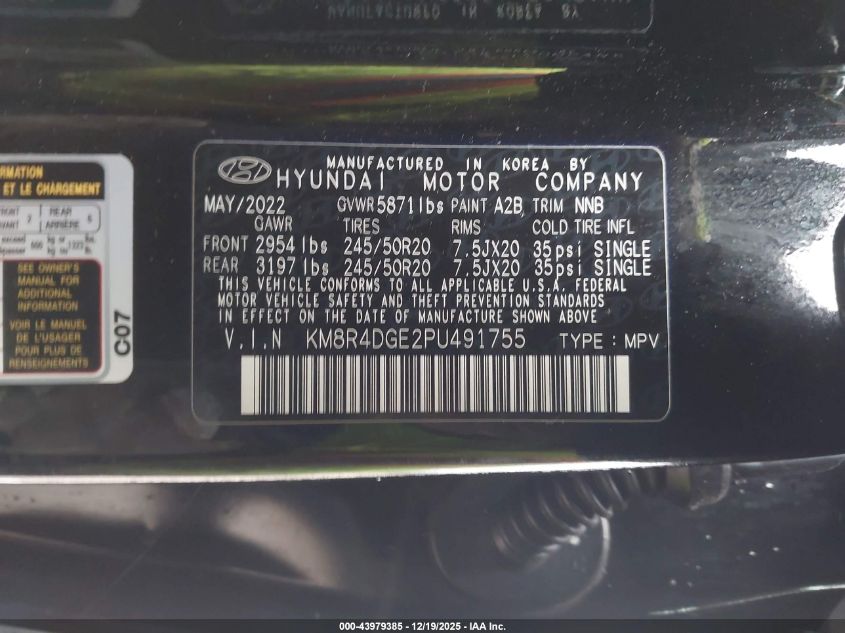 2023 Hyundai Palisade Sel VIN: KM8R4DGE2PU491755 Lot: 43979385