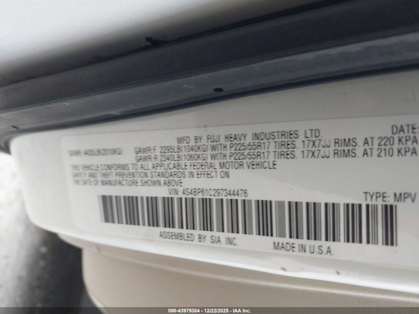 2009 Subaru Outback 2.5I VIN: 4S4BP61C297344476 Lot: 43979384