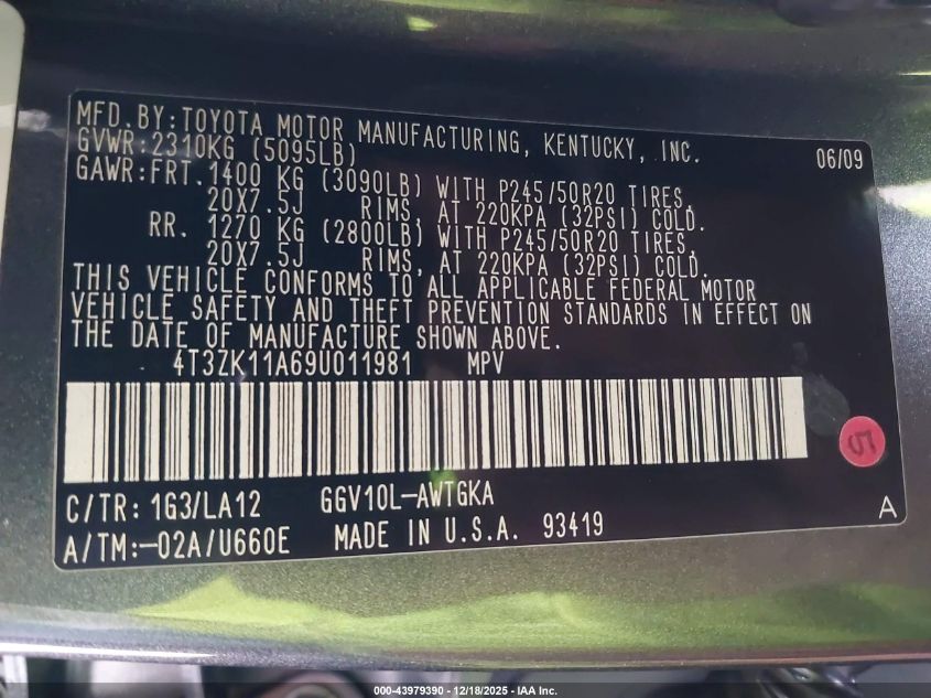 2009 Toyota Venza Base V6 VIN: 4T3ZK11A69U011981 Lot: 43979390