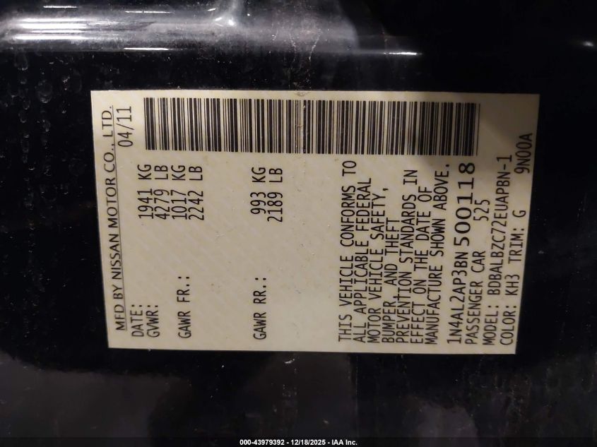 2011 Nissan Altima 2.5 S VIN: 1N4AL2AP3BN500118 Lot: 43979392