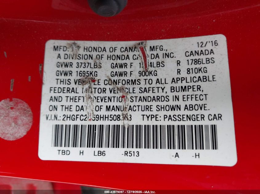 2017 Honda Civic Lx VIN: 2HGFC2F59HH508363 Lot: 43979397