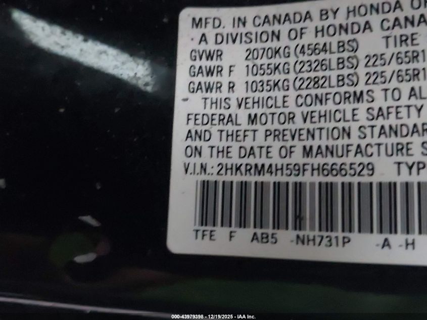 2015 Honda Cr-V Ex VIN: 2HKRM4H59FH666529 Lot: 43979398