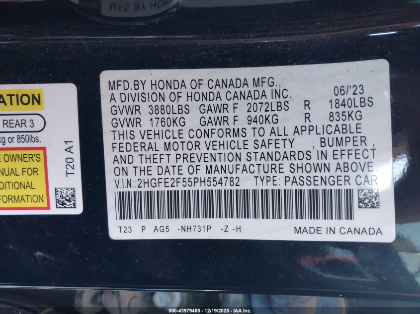 2023 Honda Civic Sport VIN: 2HGFE2F55PH554782 Lot: 43979400