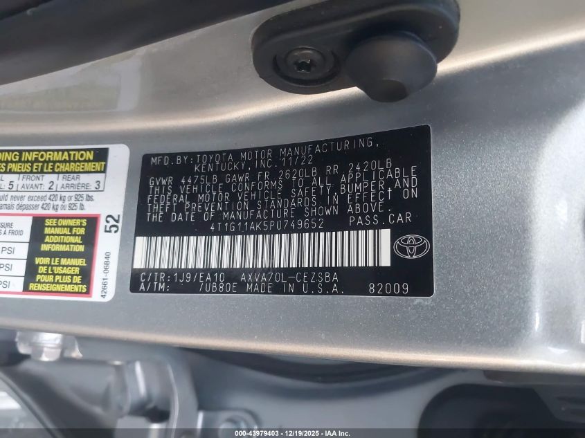 2023 Toyota Camry Se VIN: 4T1G11AK5PU749652 Lot: 43979403