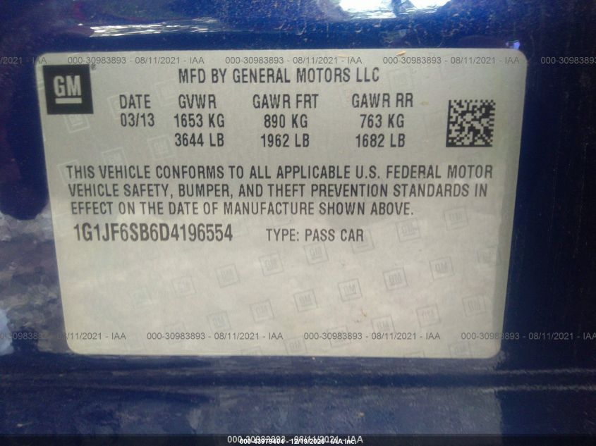 2013 Chevrolet Sonic Ltz Manual VIN: 1G1JF6SB6D4196554 Lot: 43979404