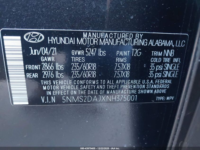2022 Hyundai Santa Fe Sel VIN: 5NMS2DAJXNH375001 Lot: 43979405