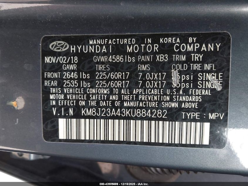 2019 Hyundai Tucson Se VIN: KM8J23A43KU884282 Lot: 43979408