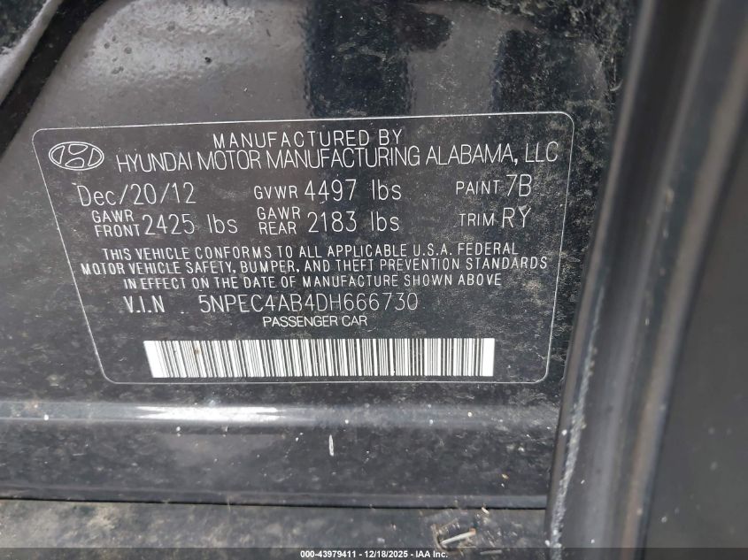 2013 Hyundai Sonata Se 2.0T VIN: 5NPEC4AB4DH666730 Lot: 43979411