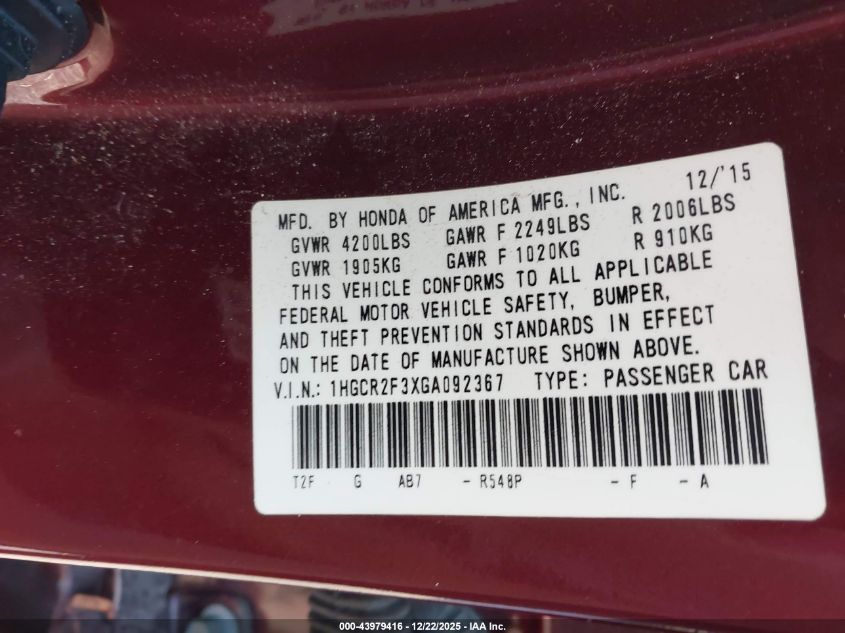 2016 Honda Accord Lx VIN: 1HGCR2F3XGA092367 Lot: 43979416