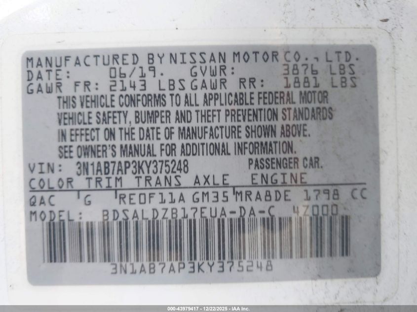 2019 Nissan Sentra Sv VIN: 3N1AB7AP3KY375248 Lot: 43979417