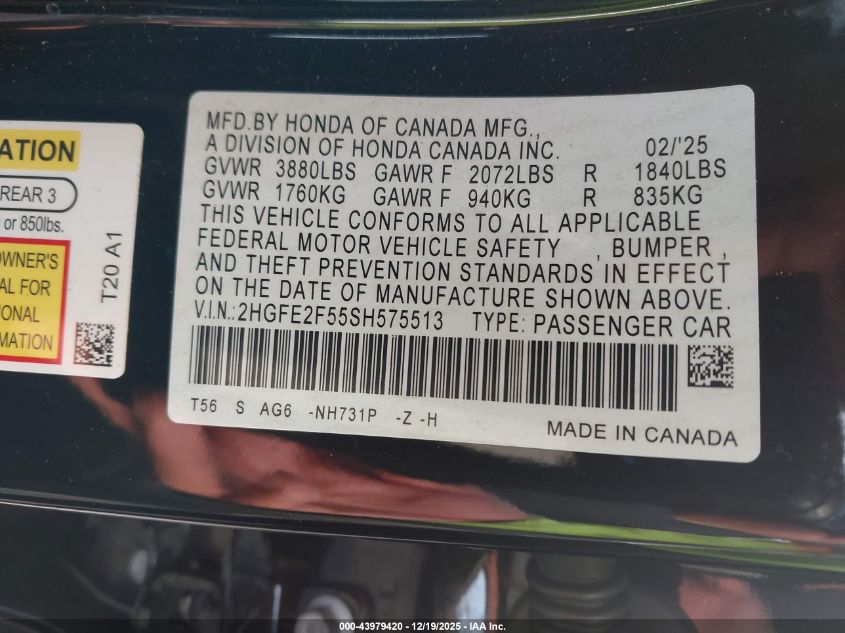 2025 Honda Civic Sport VIN: 2HGFE2F55SH575513 Lot: 43979420
