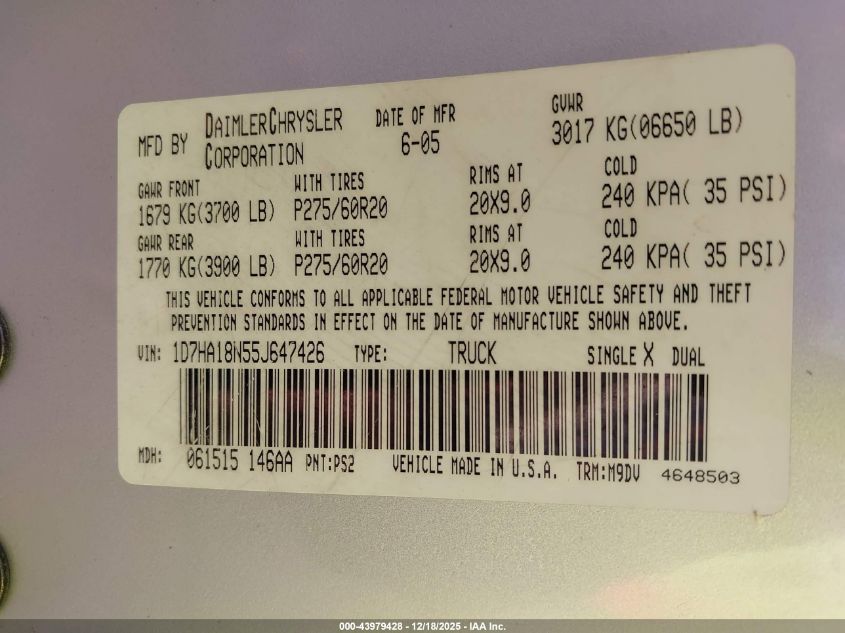 2005 Dodge Ram 1500 Slt/Laramie VIN: 1D7HA18N55J647426 Lot: 43979428
