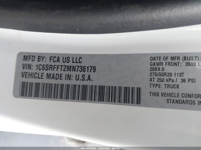 2021 Ram 1500 Big Horn 4X4 5'7 Box VIN: 1C6SRFFT2MN736179 Lot: 43979430