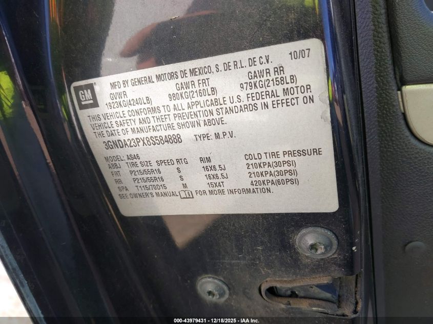 2008 Chevrolet Hhr Lt VIN: 3GNDA23PX8S584888 Lot: 43979431