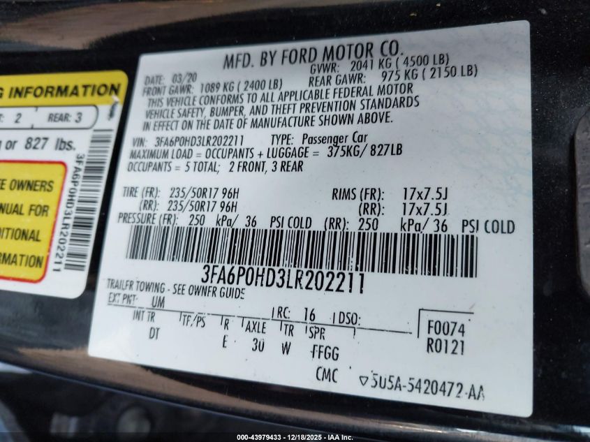 2020 Ford Fusion Se VIN: 3FA6P0HD3LR202211 Lot: 43979433