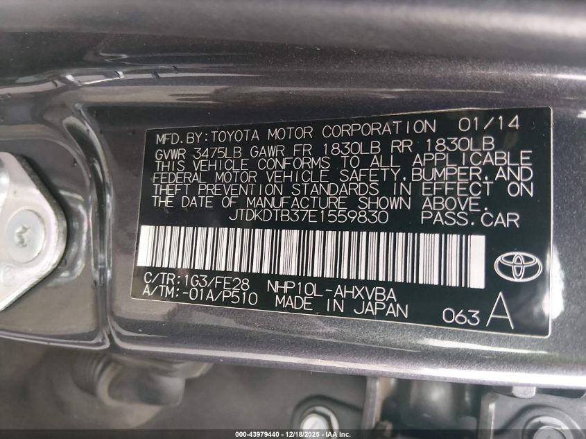 2014 Toyota Prius C One VIN: JTDKDTB37E1559830 Lot: 43979440