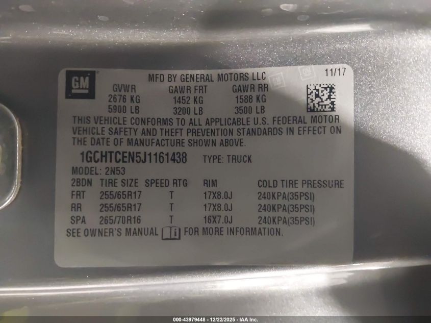 2018 Chevrolet Colorado Lt VIN: 1GCHTCEN5J1161438 Lot: 43979448