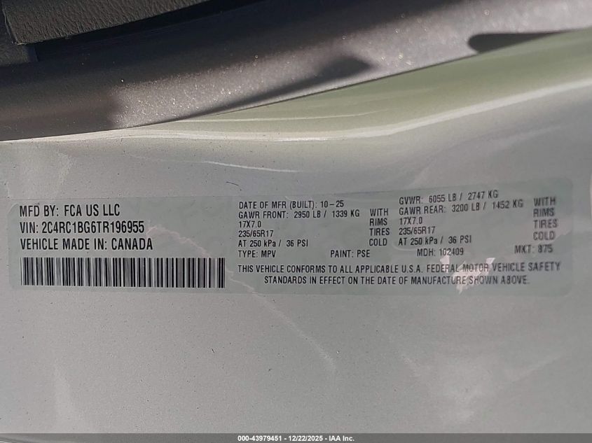 2026 Chrysler Pacifica Select VIN: 2C4RC1BG6TR196955 Lot: 43979451