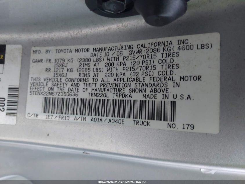 2007 Toyota Tacoma VIN: 5TENX22N67Z350636 Lot: 43979452